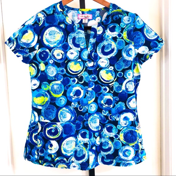 Koi Womens M Blue Green Circles Scrub Top